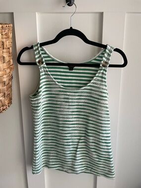 Ann Taylor Green and White Striped Tank with Button Straps